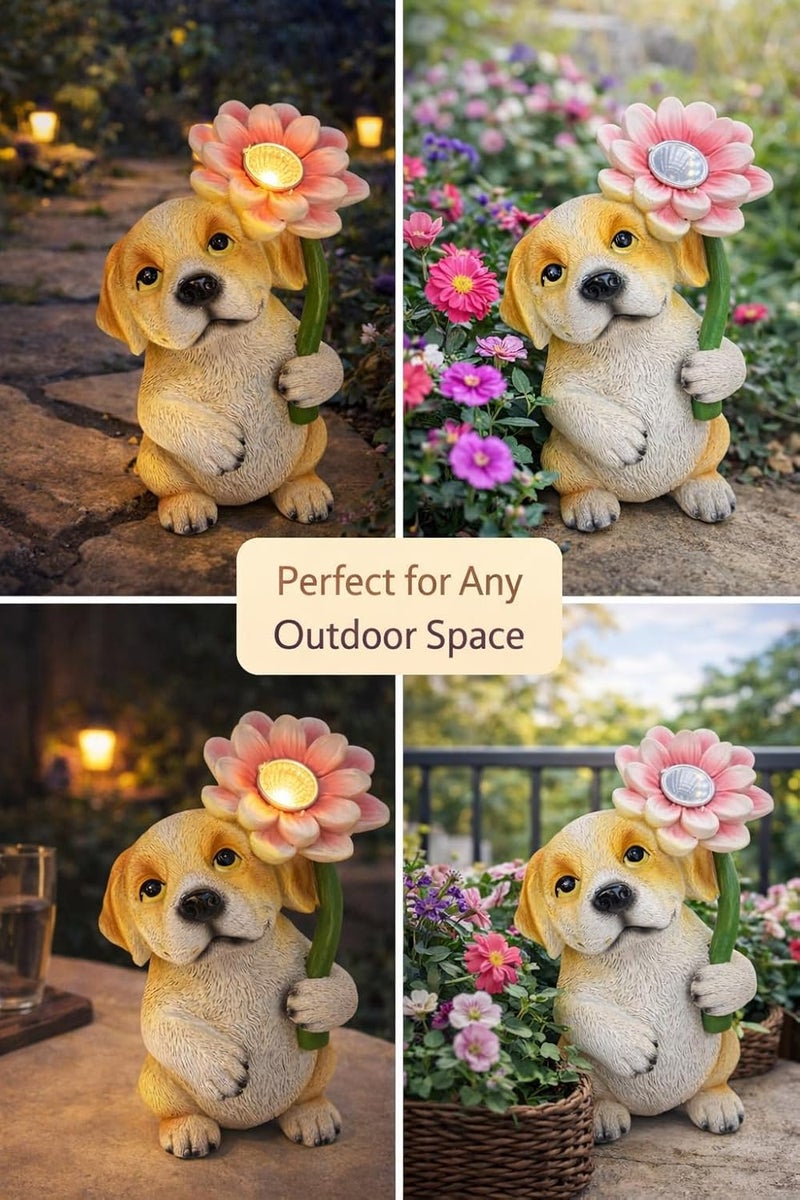 GoGnome Solar Dog Garden Statue with LED Flower – Hand-Painted Resin Puppy Figurine, Solar Powered Outdoor Garden Decor, Auto On/Off Yard Light Gift (Puppy) - Image 3